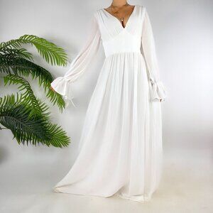 White Vintage Cottagecore Beachy Princess Long Sleeve V Neck Maxi Dress / Medium